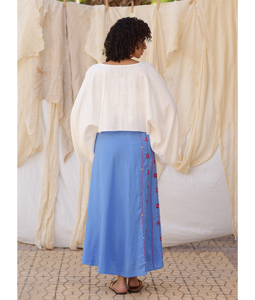 Denim Blue Siwa Embroidered Linen Wrap Skirt handmade in Egypt & available at Jozee Boutique.
