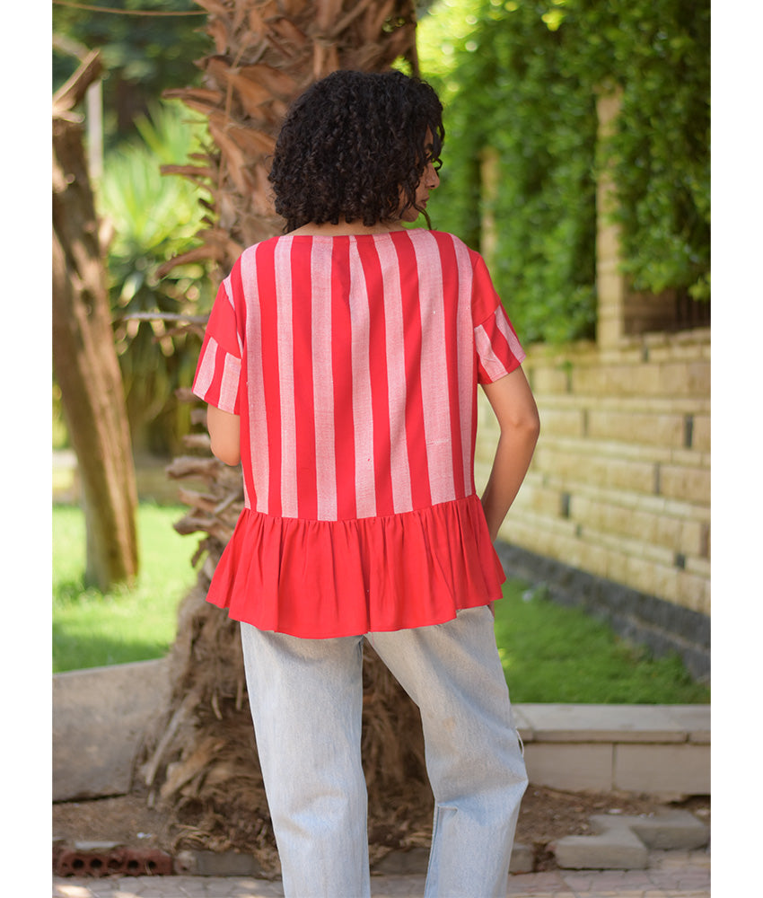 Shades of Red Handwoven Ruffle Top handmade in Egypt & available in Jozee boutique