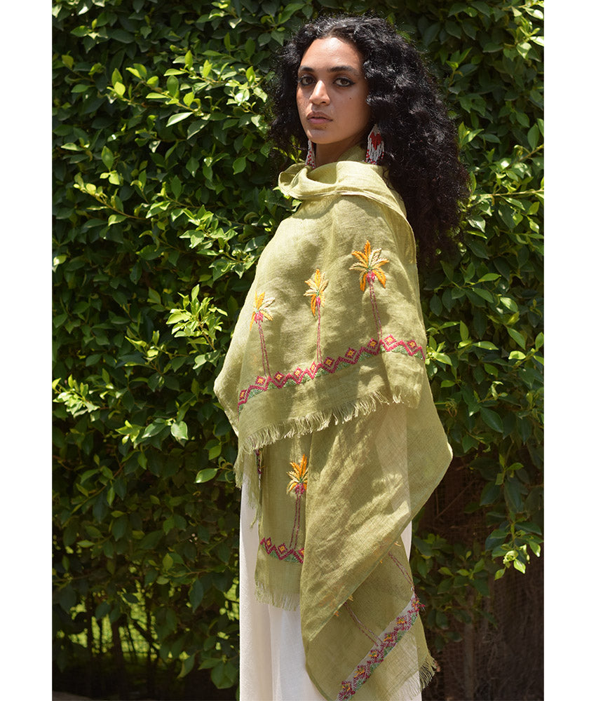 Light Olive Green Embroidered Linen Shawl Handmade in Egypt & available at Jozee Boutique