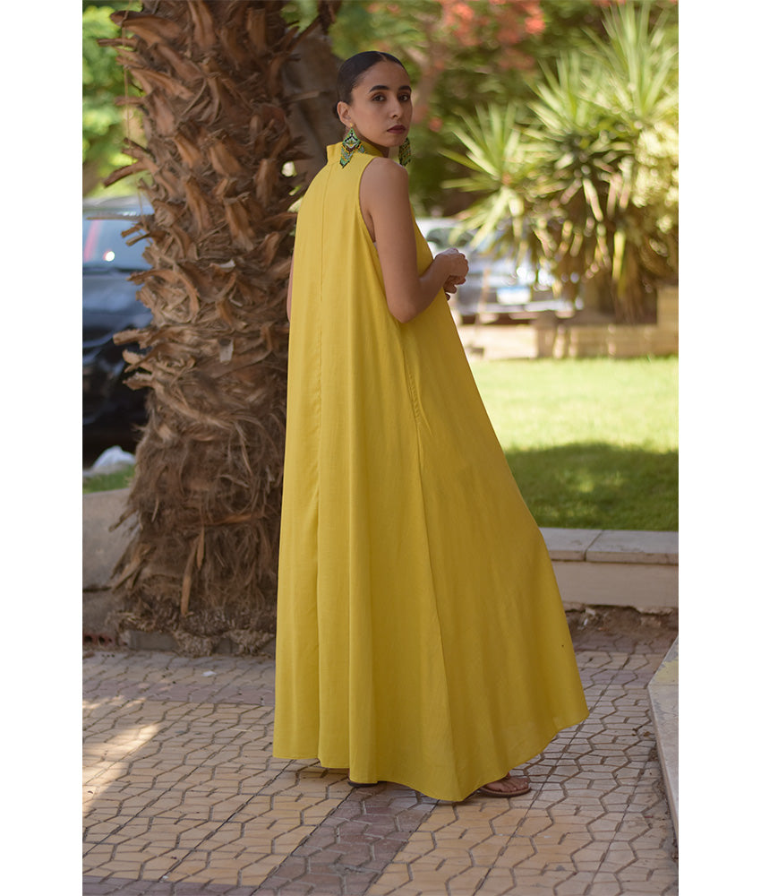 Mustard Linen Japanese Dress made in Egypt & available in Jozee boutique
