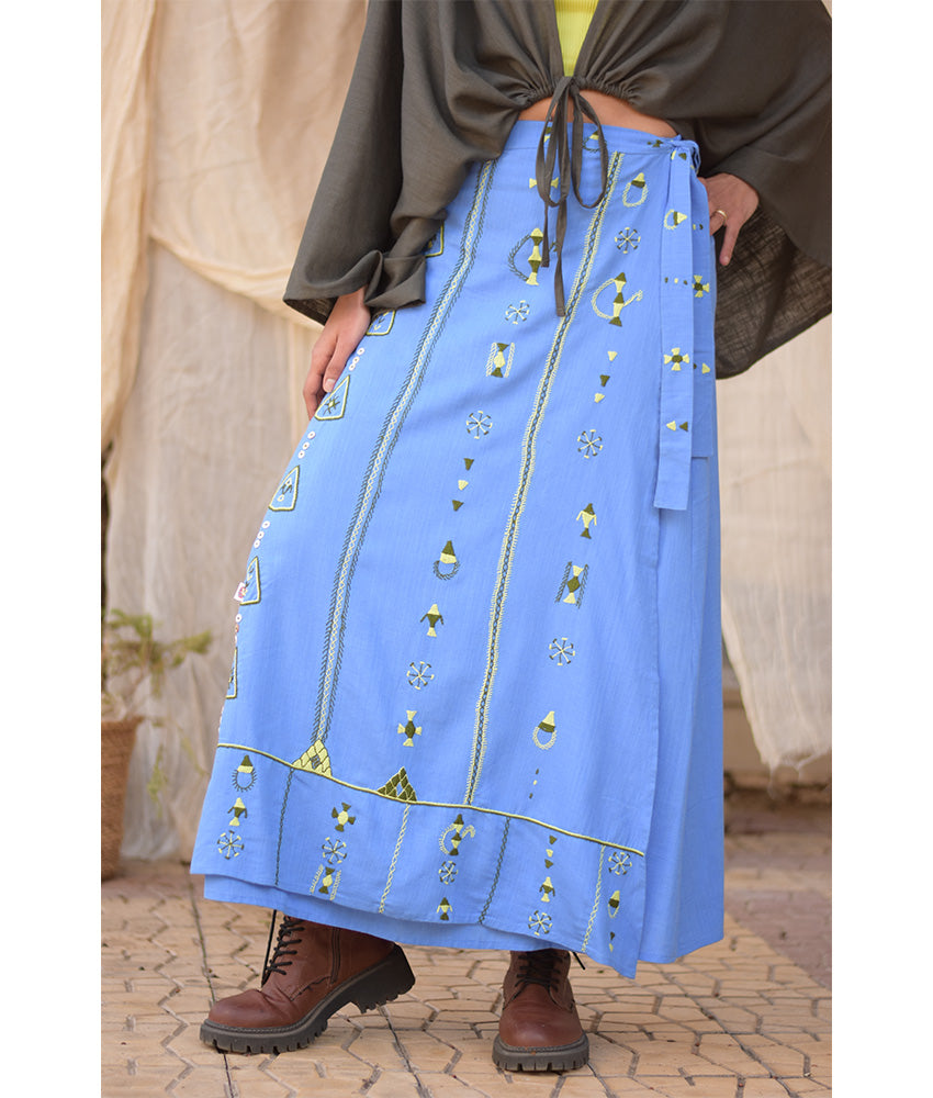 Denim Blue Siwa Embroidered Linen Wrap Skirt handmade in Egypt & available at Jozee Boutique.