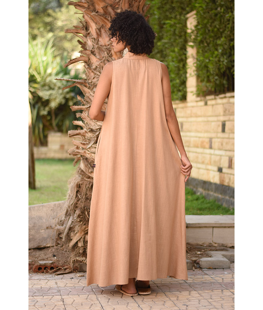 Dark Beige Linen Japanese Dress made in Egypt & available in Jozee boutique