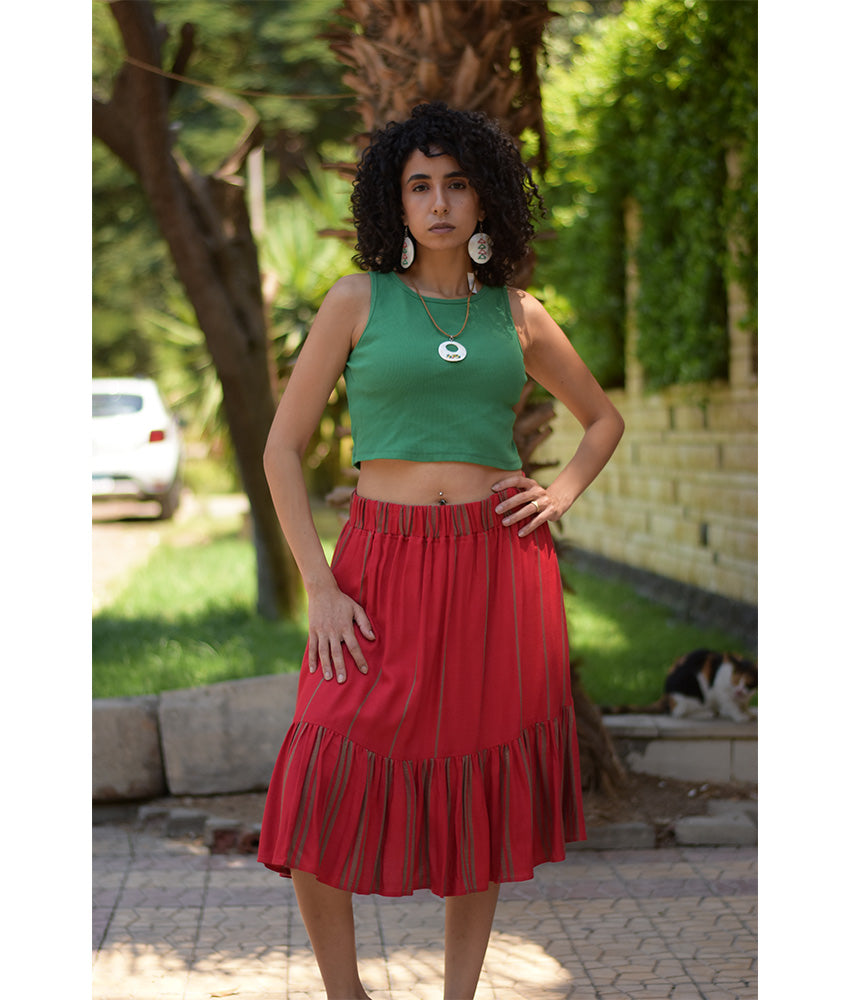 Red Handwoven short Ruffle Skirt handmade in Egypt & available at Jozee Boutique.