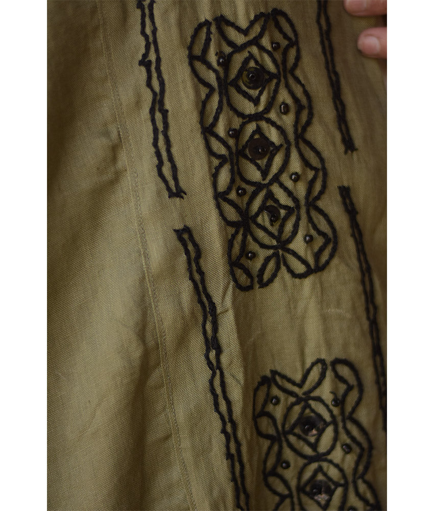 Olive Green Linen Cardigan with Hand Embroideries handmade in Egypt & available at Jozee Boutique.