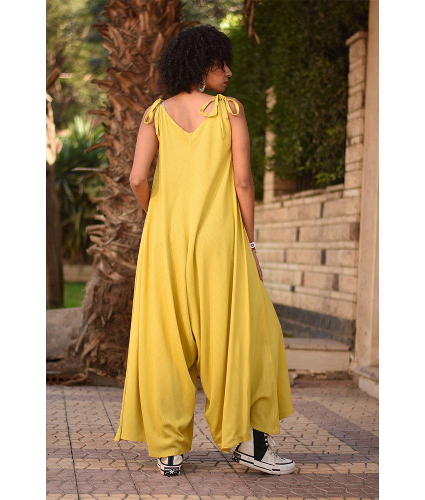Mustard Flowy Jumpsuit/Dress handmade in Egypt & available at Jozee Boutique.