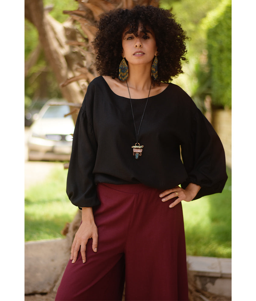 Black Linen Long Sleeves Cinched Top handmade in Egypt & available at Jozee boutique