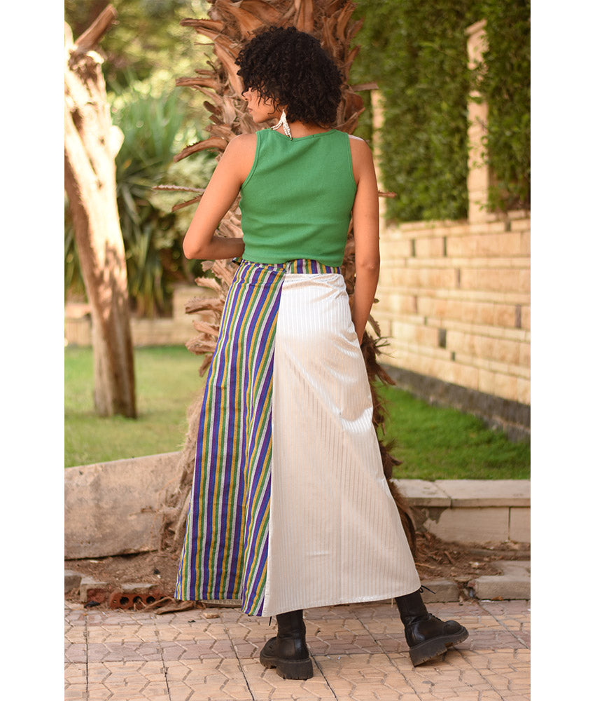 Multicolored & Silver Silk and Cotton Loom Woven Long Wrap Skirt handmade in Egypt & available at Jozee Boutique.