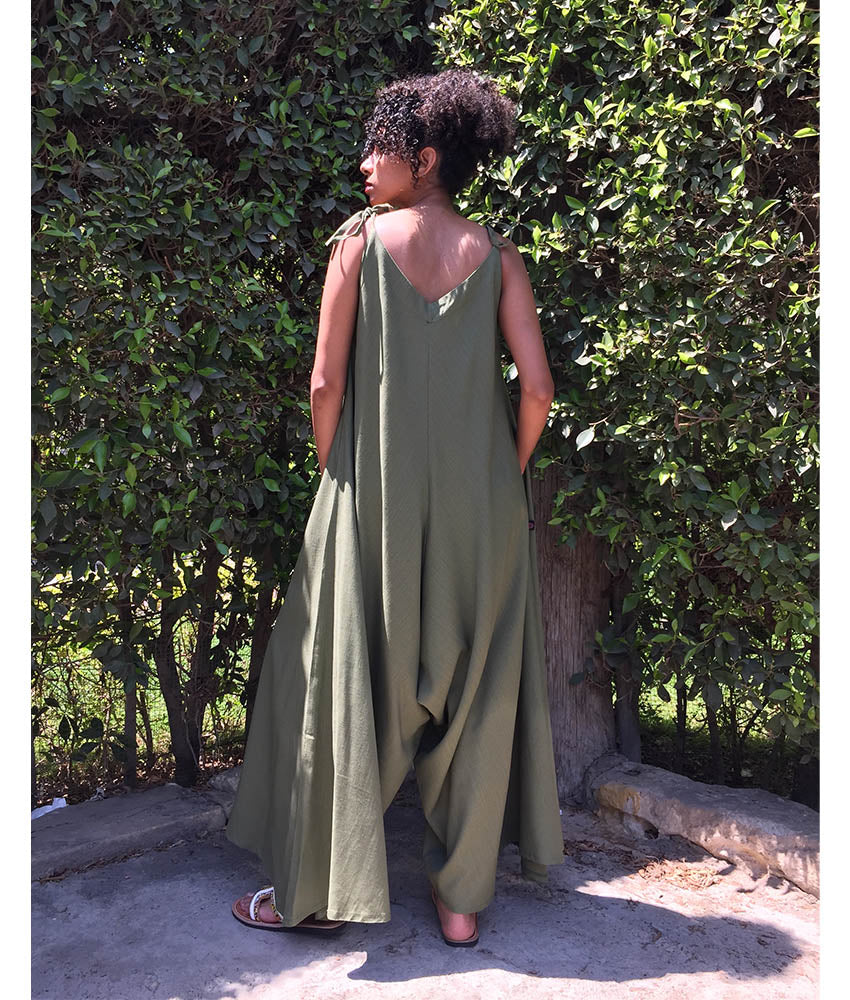 Army Green Flowy Jumpsuit/Dress handmade in Egypt & available at Jozee Boutique.