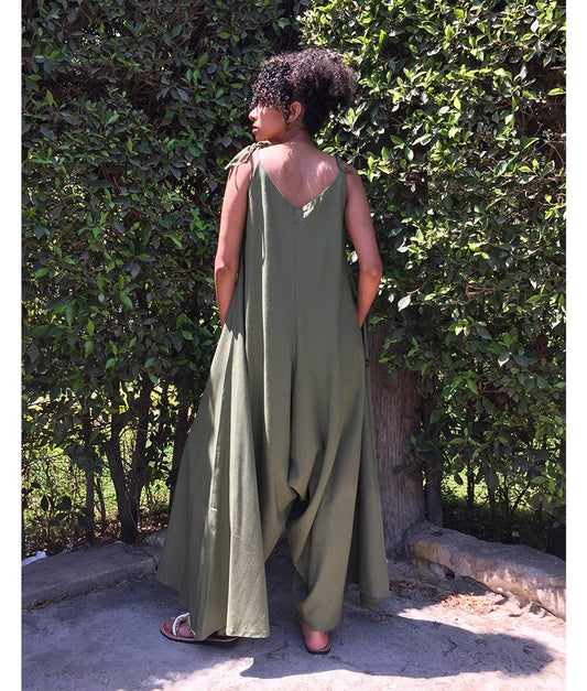 Army Green Flowy Jumpsuit/Dress handmade in Egypt & available at Jozee Boutique.