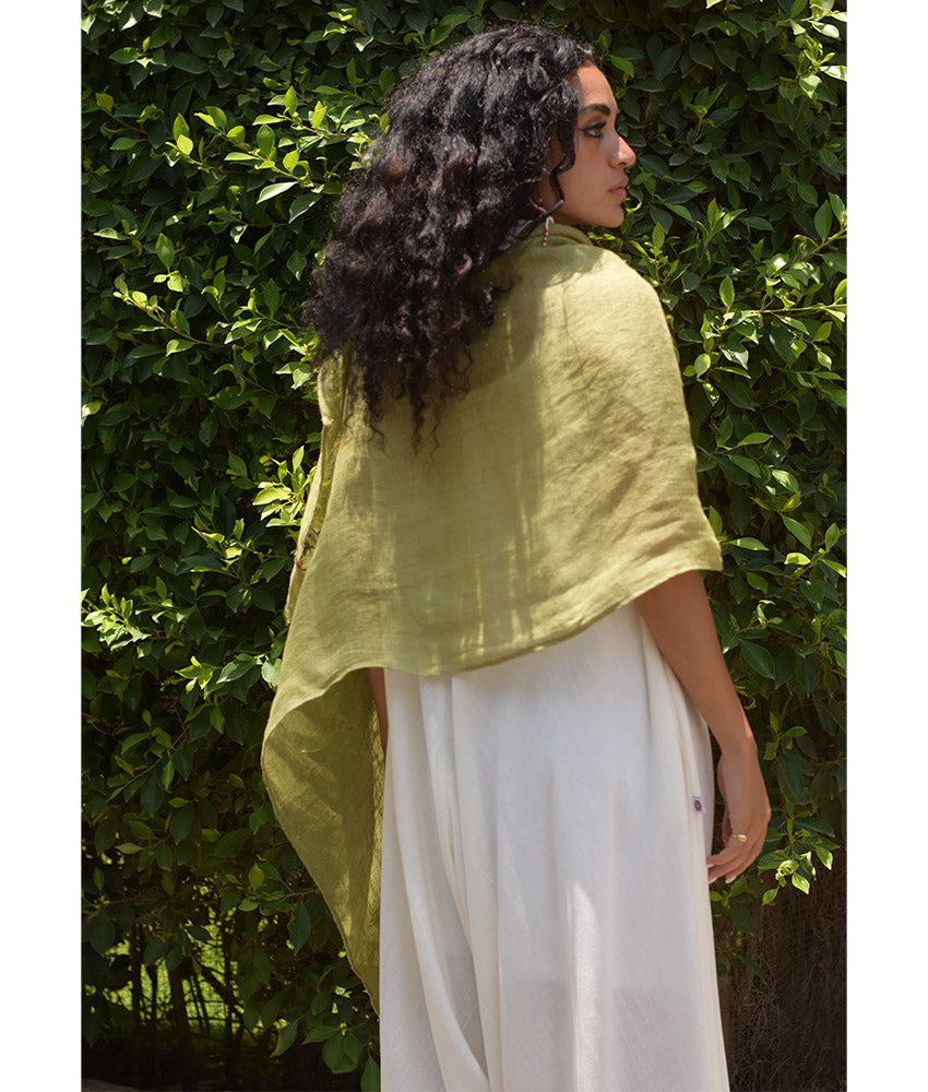 Light Olive Green Embroidered Linen Shawl Handmade in Egypt & available at Jozee Boutique