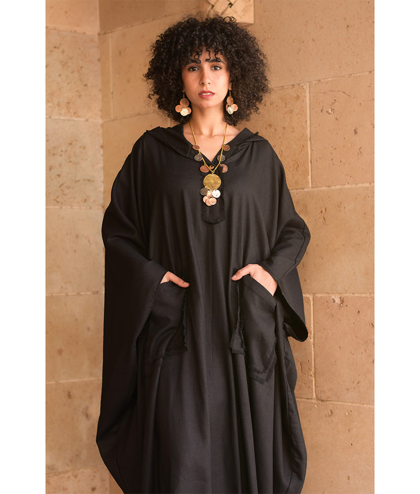 Black Linen Kaftan with Hoodie handmade in Egypt & available at Jozee Boutique.