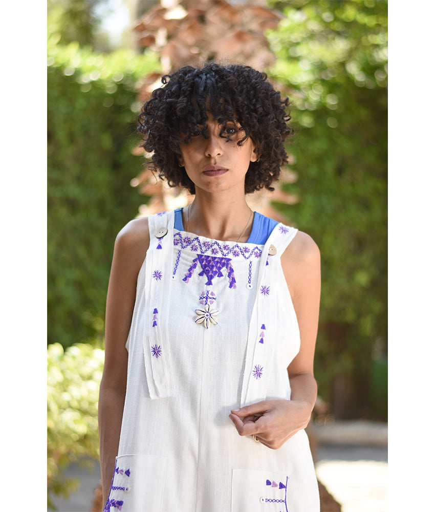 White Siwa Embroidered Linen Jumpsuit Handmade in Egypt & available at Jozee Boutique