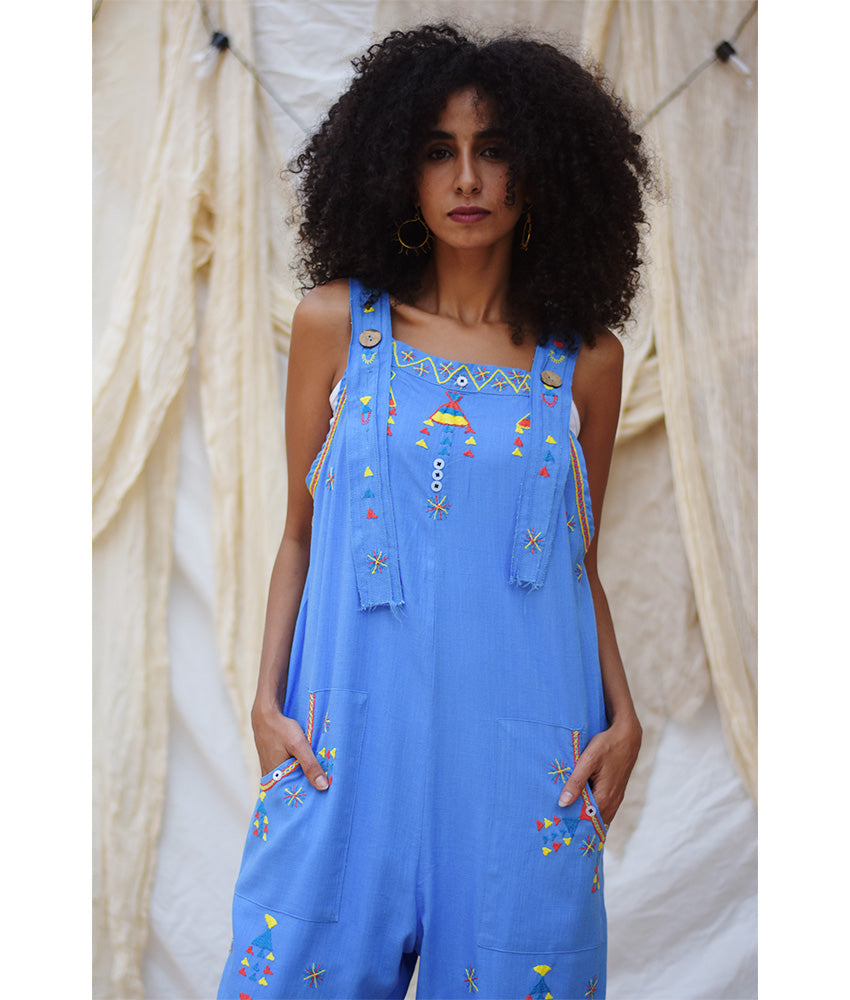 Denim Blue Siwa Embroidered Linen Jumpsuit
