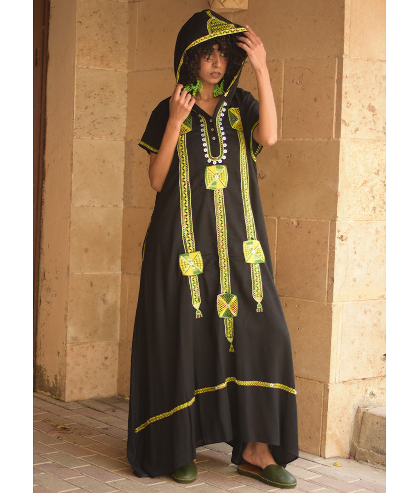 Black Siwa Heavily Embroidered Linen Dress with Hoodie handmade in Egypt & available at Jozee Boutique.
