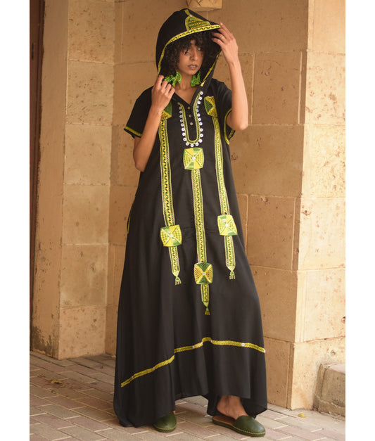 Black Siwa Heavily Embroidered Linen Dress with Hoodie handmade in Egypt & available at Jozee Boutique.