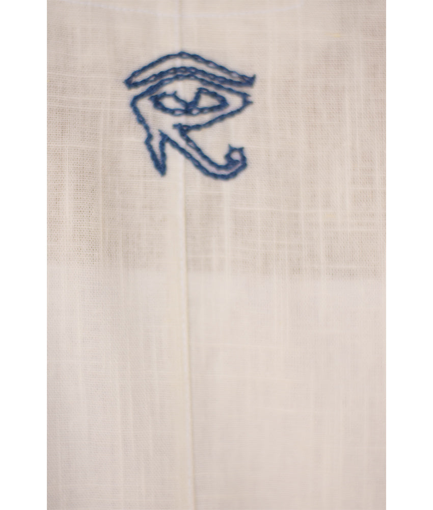 Off-White Linen Dress with Ancient Egyptian Lotus Embroidery handmade in Egypt & available at Jozee Boutique.