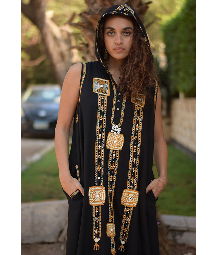 Black Siwa Embroidered Linen Dress with Hoodie handmade in Egypt & available at Jozee Boutique.