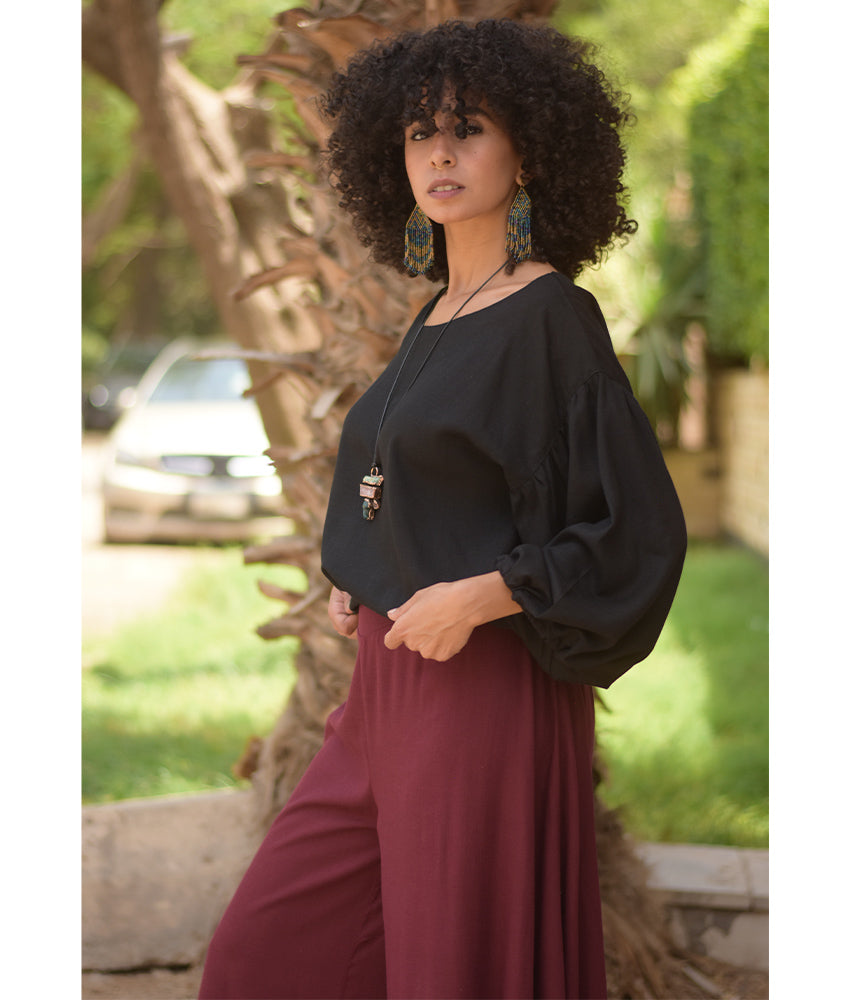 Black Linen Long Sleeves Cinched Top handmade in Egypt & available at Jozee boutique