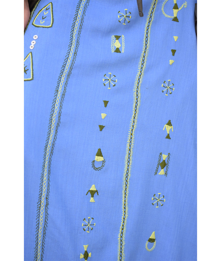 Denim Blue Siwa Embroidered Linen Wrap Skirt handmade in Egypt & available at Jozee Boutique.