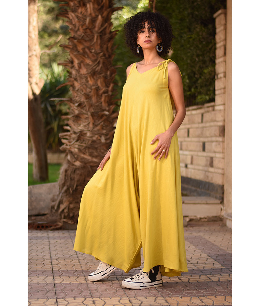 Mustard Flowy Jumpsuit/Dress handmade in Egypt & available at Jozee Boutique.
