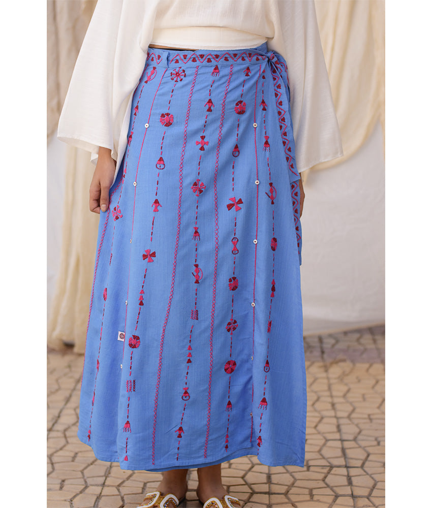 Denim Blue Siwa Embroidered Linen Wrap Skirt handmade in Egypt & available at Jozee Boutique.
