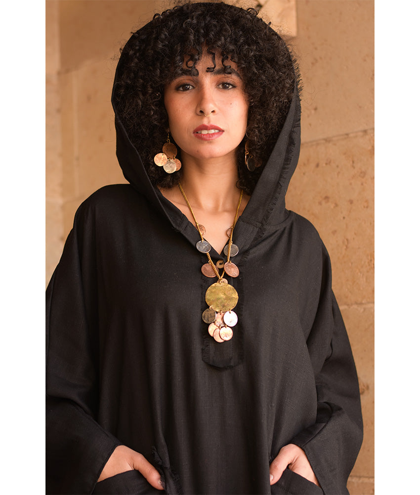 Black Linen Kaftan with Hoodie handmade in Egypt & available at Jozee Boutique.