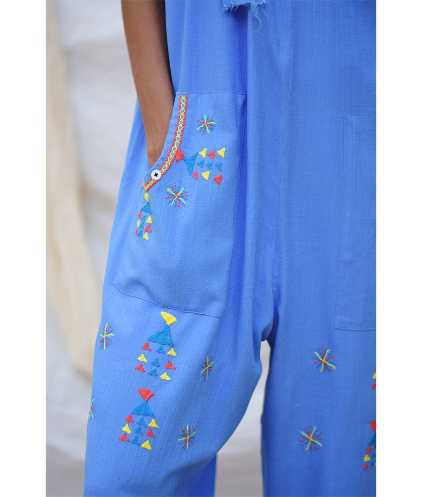 Denim Blue Siwa Embroidered Linen Jumpsuit