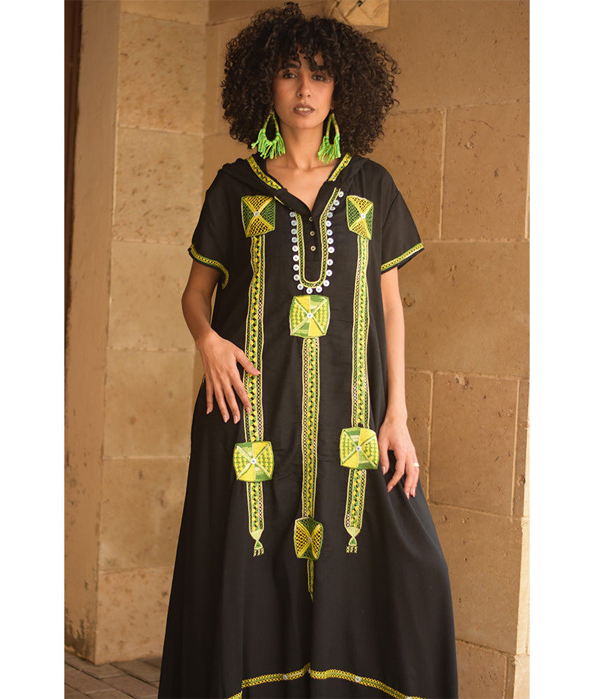 Black Siwa Heavily Embroidered Linen Dress with Hoodie handmade in Egypt & available at Jozee Boutique.