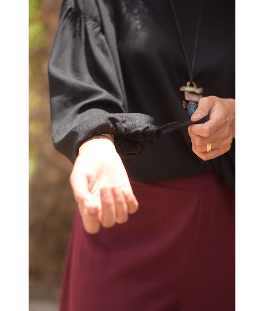 Black Linen Long Sleeves Cinched Top handmade in Egypt & available at Jozee boutique