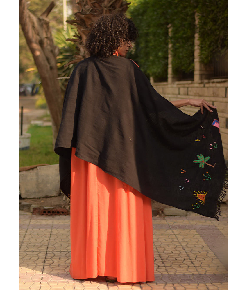 Black Embroidered Linen Shawl handmade in Egypt & available at Jozee Boutique.handmade in Egypt & available at Jozee Boutique.