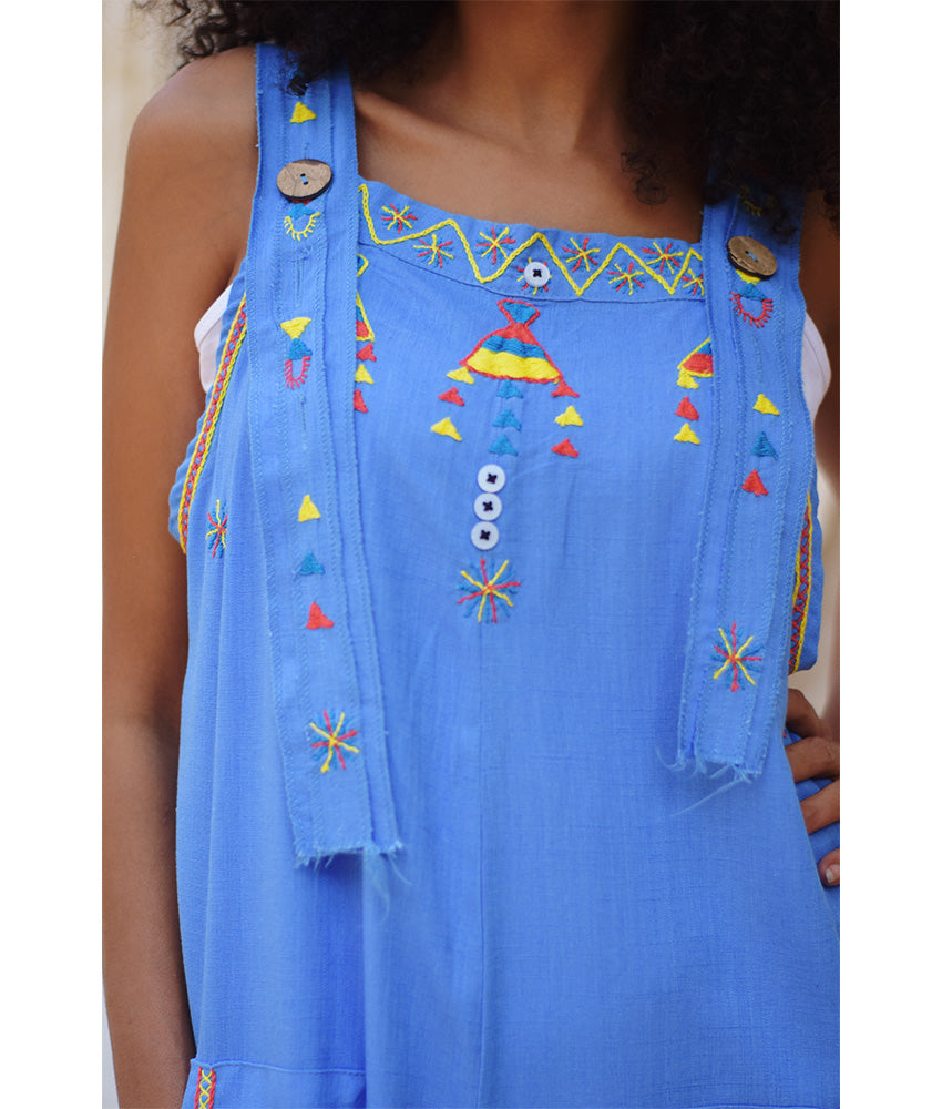 Denim Blue Siwa Embroidered Linen Jumpsuit