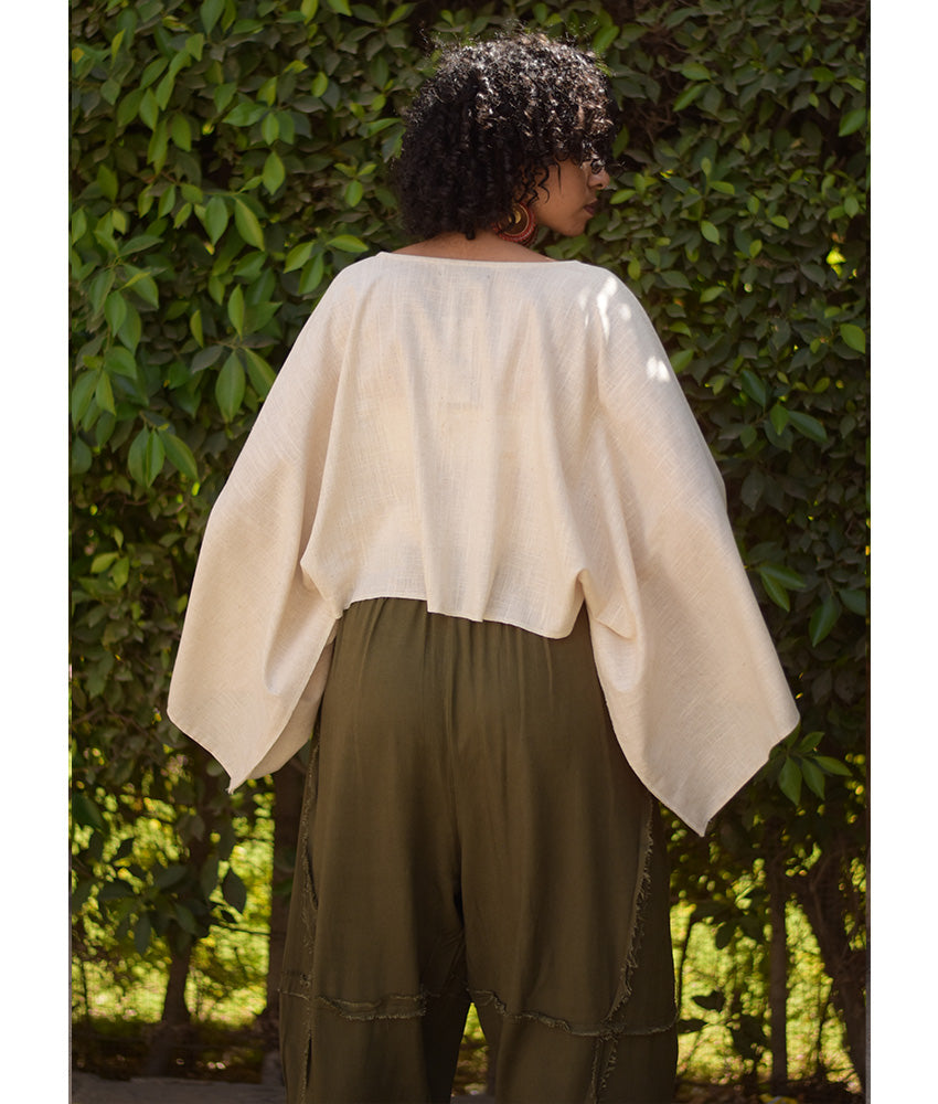 Off White Kimono Linen Top handmade in Egypt & available at Jozee Boutique.
