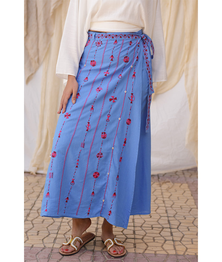 Denim Blue Siwa Embroidered Linen Wrap Skirt handmade in Egypt & available at Jozee Boutique.