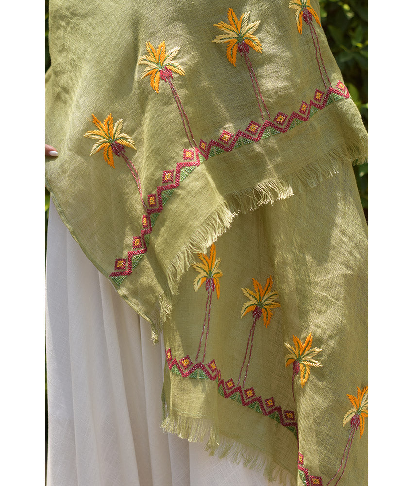Light Olive Green Embroidered Linen Shawl Handmade in Egypt & available at Jozee Boutique