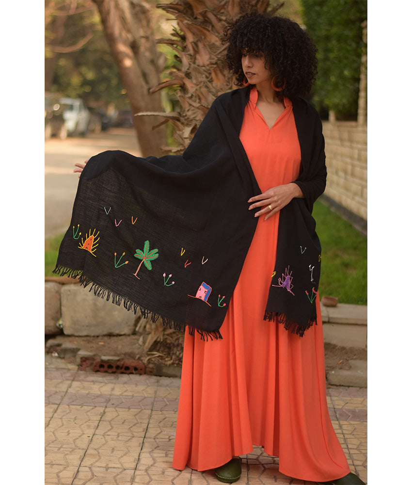 Black Embroidered Linen Shawl handmade in Egypt & available at Jozee Boutique.handmade in Egypt & available at Jozee Boutique.