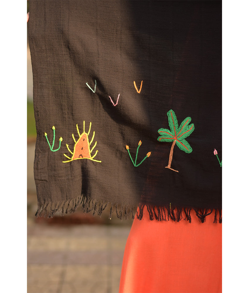 Black Embroidered Linen Shawl handmade in Egypt & available at Jozee Boutique.handmade in Egypt & available at Jozee Boutique.
