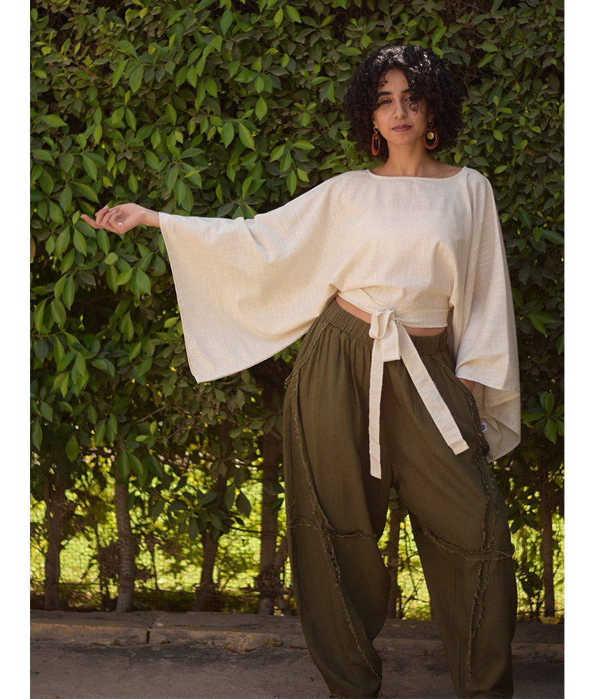 Off White Kimono Linen Top handmade in Egypt & available at Jozee Boutique.