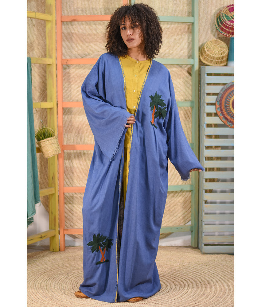 Blue Denim Embroidered Handwoven Linen Cardigan handmade in Egypt & available at Jozee boutique