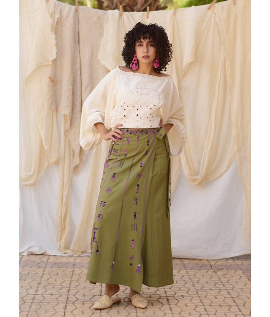 Olive Green Siwa Embroidered Linen Wrap Skirt handmade in Egypt & available at Jozee Boutique.