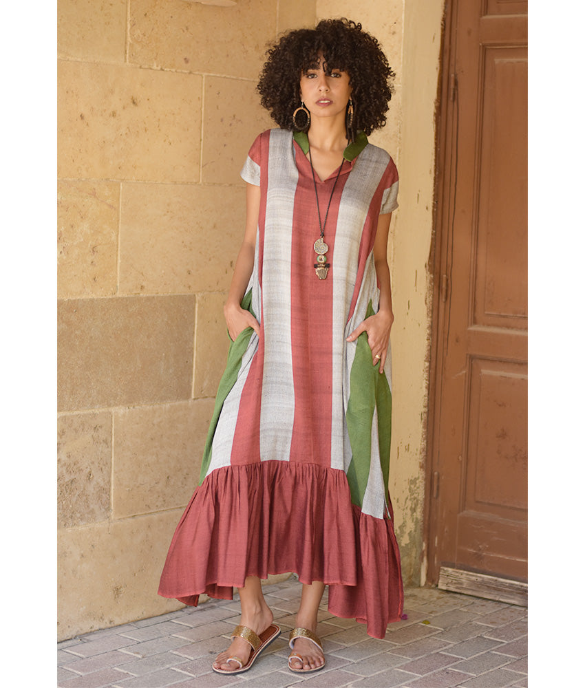 Brick red & Grey Handwoven Ruffle Dress Handmade in Egypt & available at Jozee Boutique