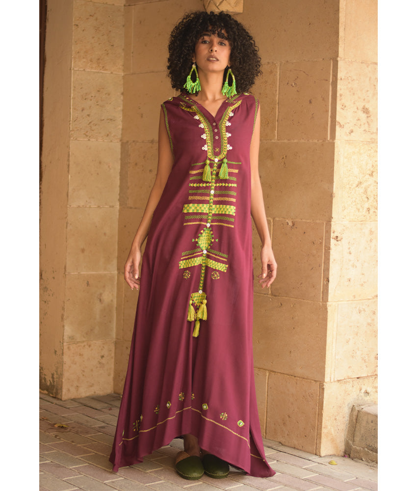 Burgundy Siwa Heavily Embroidered Linen Dress with Hoodie handmade in Egypt & available at Jozee Boutique.