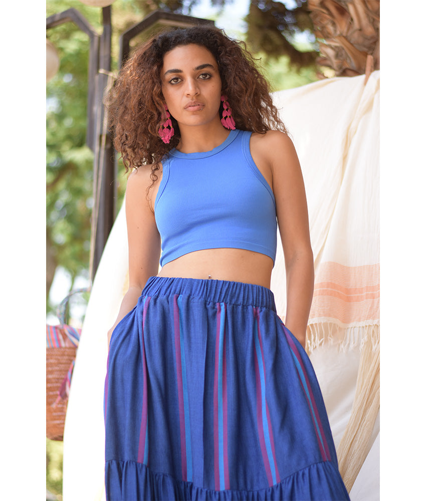 Blue Handwoven Ruffle Skirt handmade in Egypt & available at Jozee Boutique.
