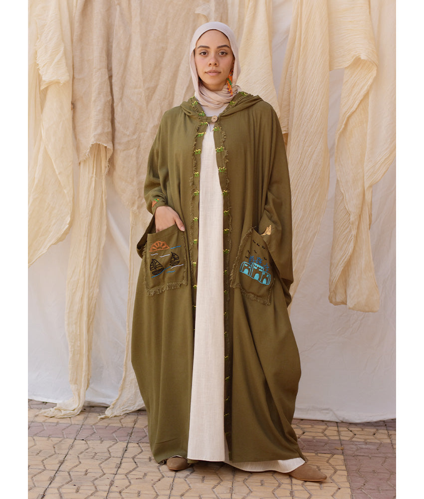 Army green Hand Embroidered Linen Cardigan/Abaya with Hoodie handmade in Egypt & available at Jozee Boutique.