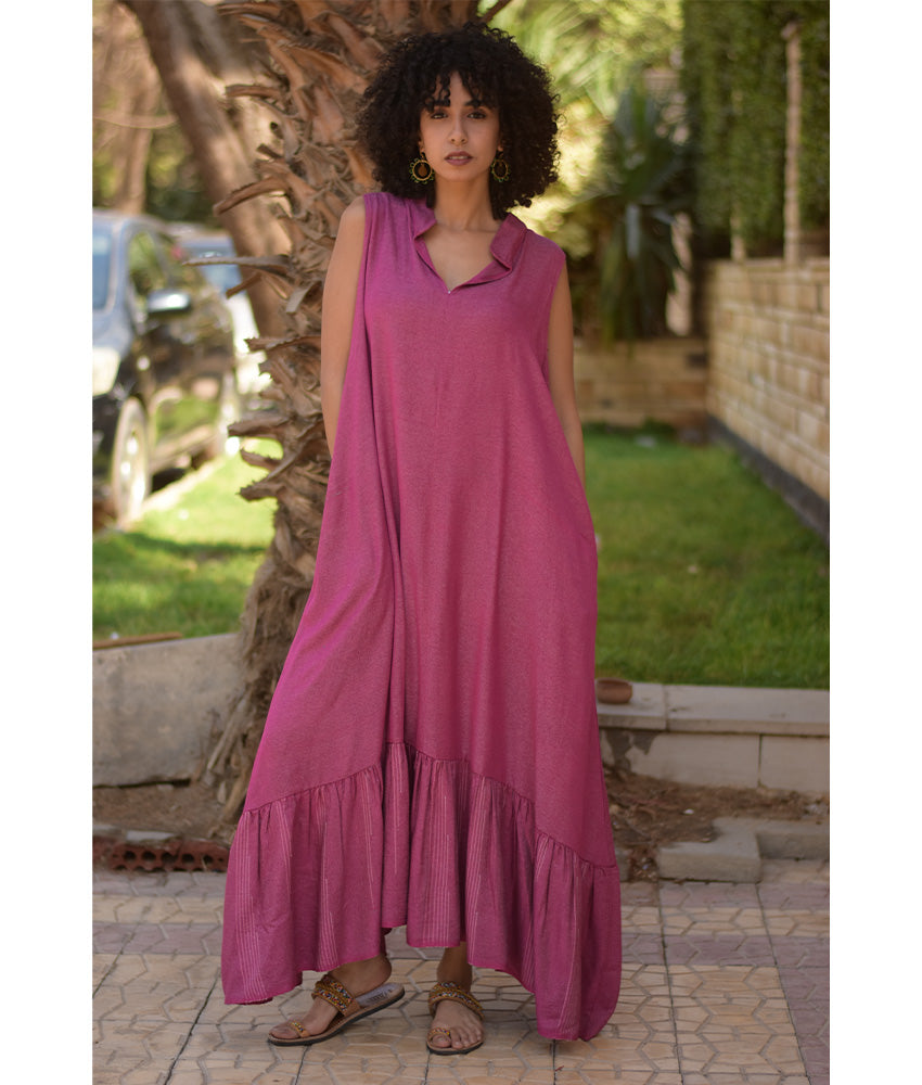 Raspberry Pink Handwoven Ruffle Dress handmade in Egypt & available at Jozee Boutique.