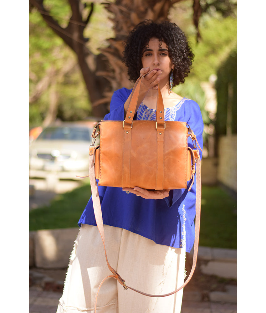 Camel Genuine Leather hand bag handmade in Egypt and available at Jozee Boutique.