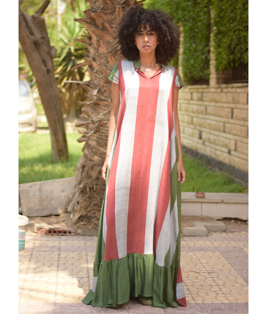 Green & Multicolored Handwoven Ruffle Dress handmade in Egypt & available at Jozee Boutique.