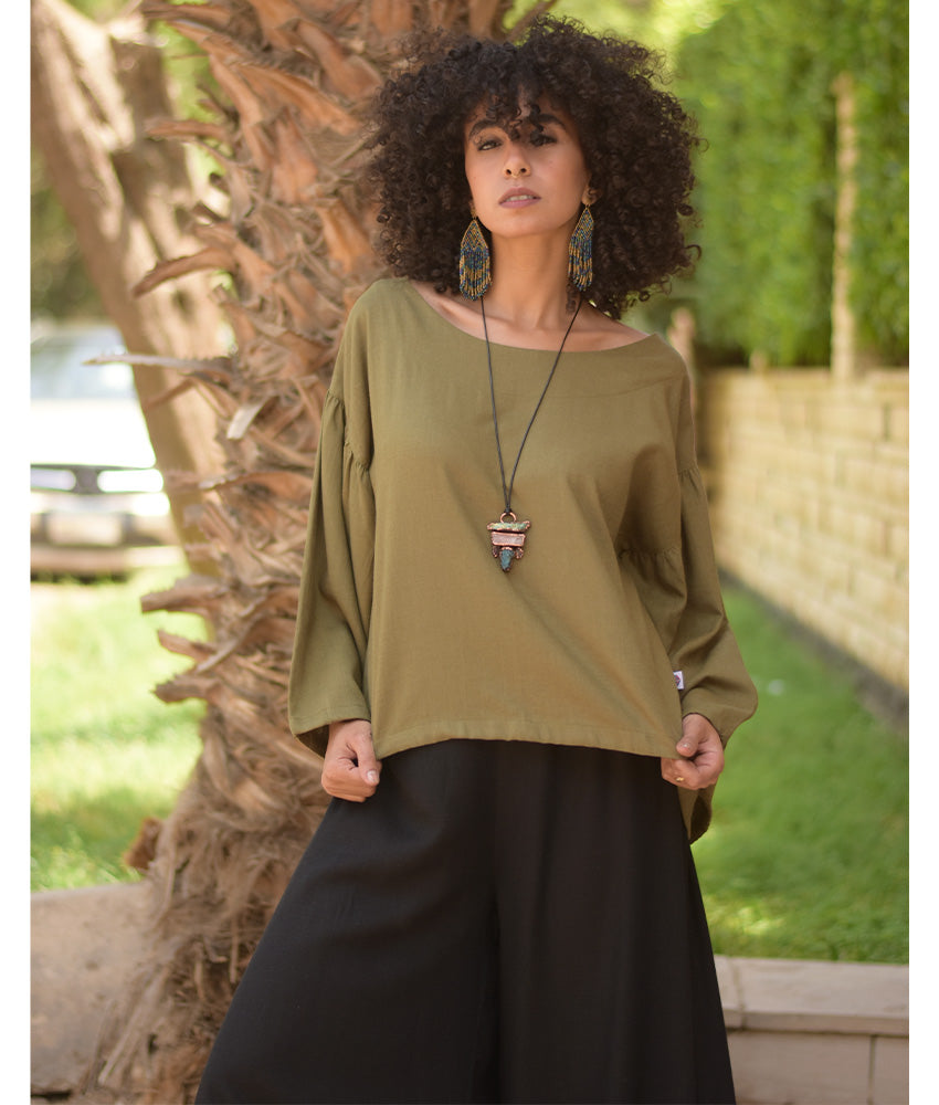 Olive Green Linen Long Sleeves Cinched Top handmade in Egypt & available at Jozee boutique
