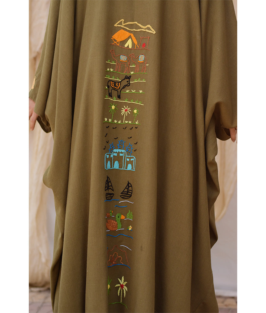 Army green Hand Embroidered Linen Cardigan/Abaya with Hoodie handmade in Egypt & available at Jozee Boutique.