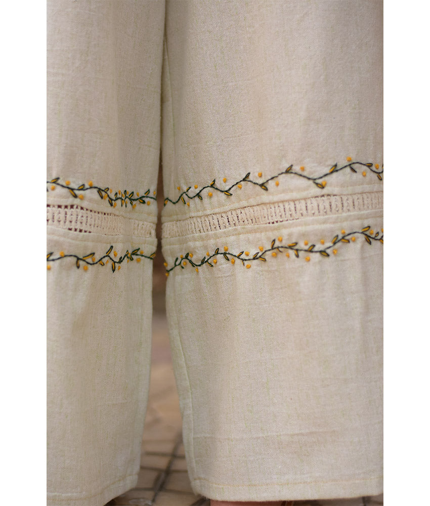 Off White Linen Set with Hand Embroideries handmade in Egypt & available at Jozee Boutique.