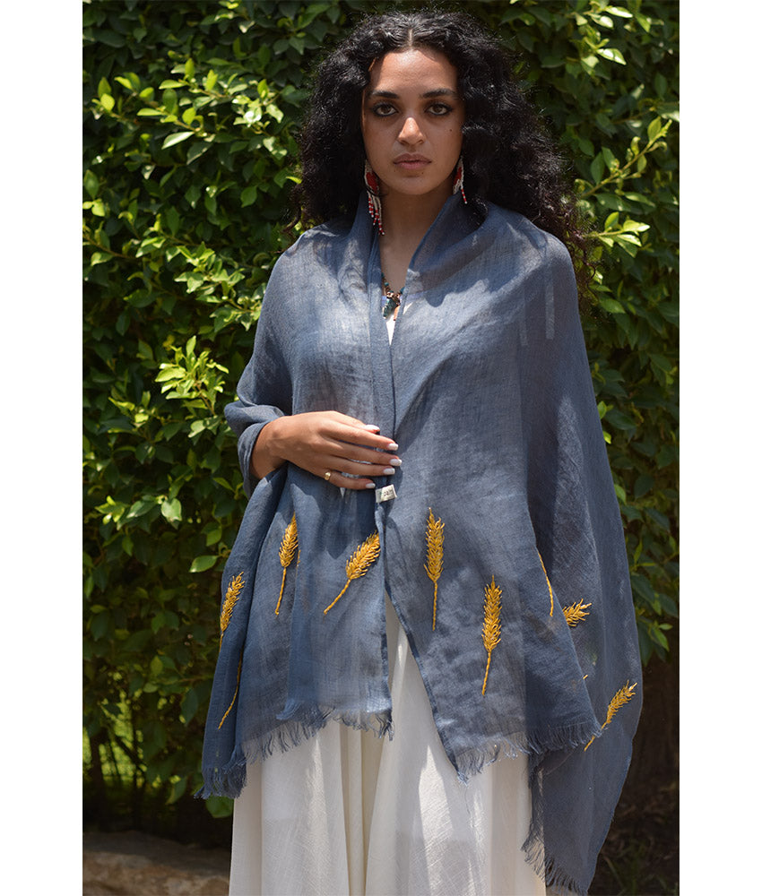 Denim Blue Embroidered Linen Shawl Handmade in Egypt & available at Jozee Boutique
